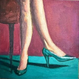 Woman in Elegant Teal Heels Original Acrylic Painting on the Canvas Panel 6x6 in